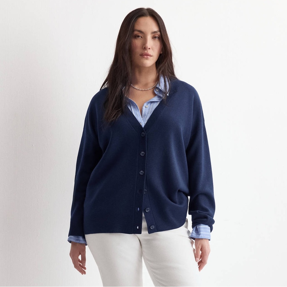 MANGO V Neck Knitted Cardigan in Dark Navy